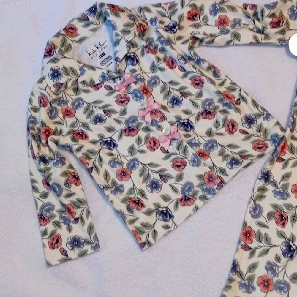 💚Nicole Miller 2 White/Floral fabric Cardigan L/Sleeve Shirt/Pants pajama 18M